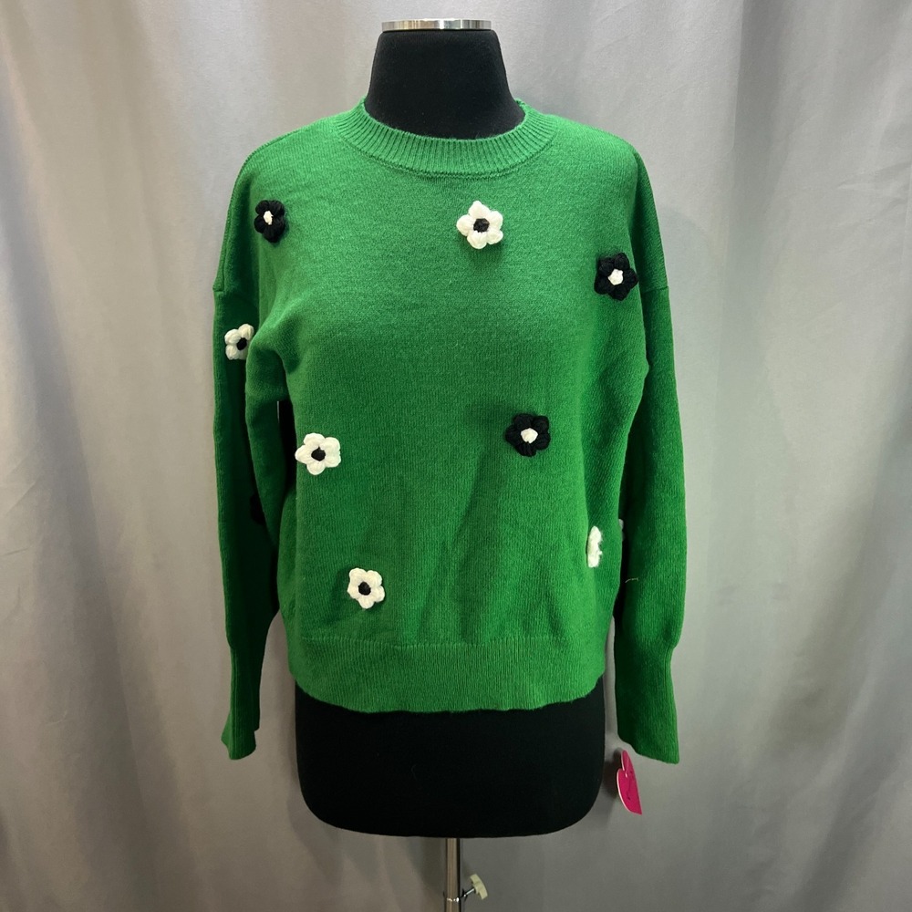 Nanette Lepore Sweater Womens Medium Green Patch Flower Embroidered Crew Neck